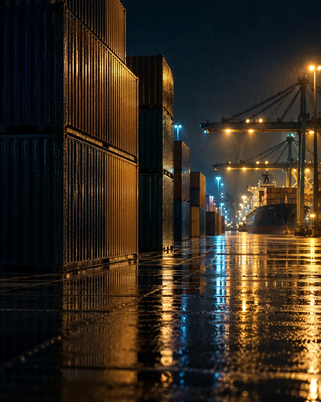 Conteneurs empilés dans un terminal portuaire, de nuit